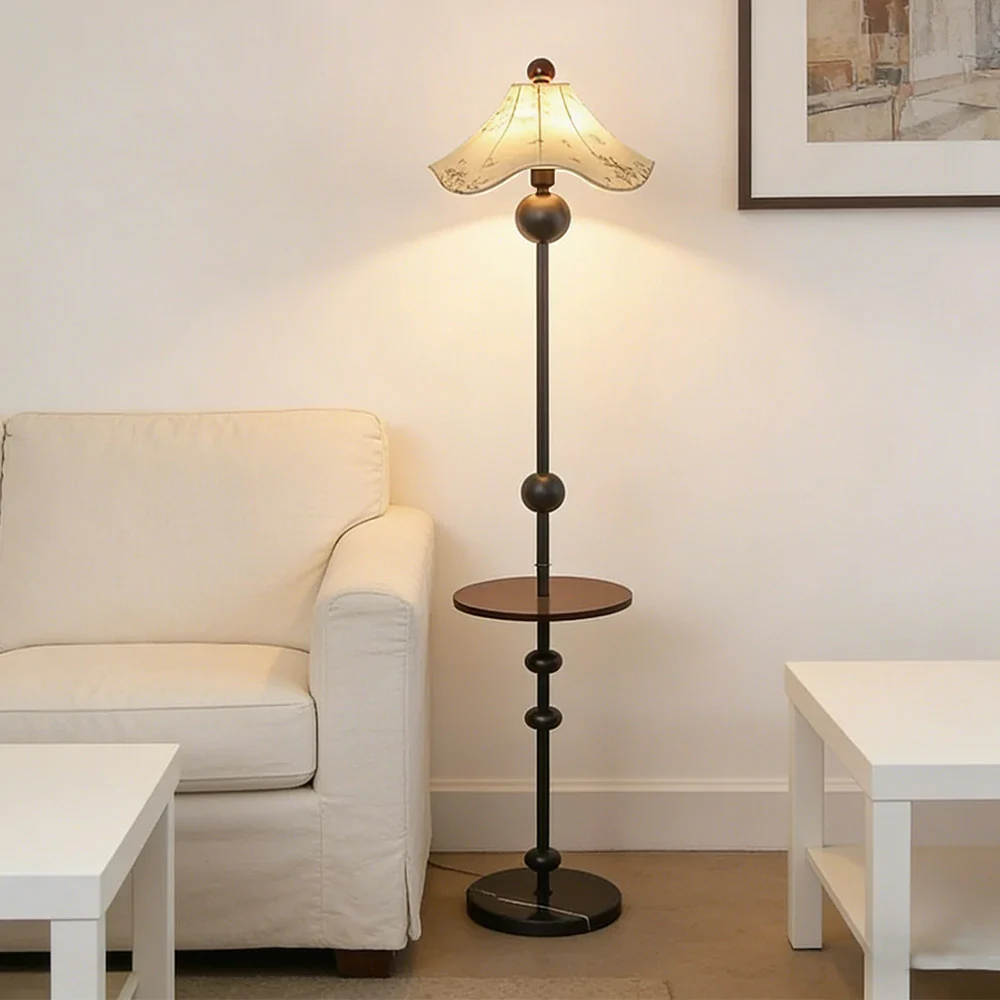LIVARA Floor Lamp Soft Lighting Solid Wood Tabletop Printed Fabric Shade Marble Base Stable Design - Image 4